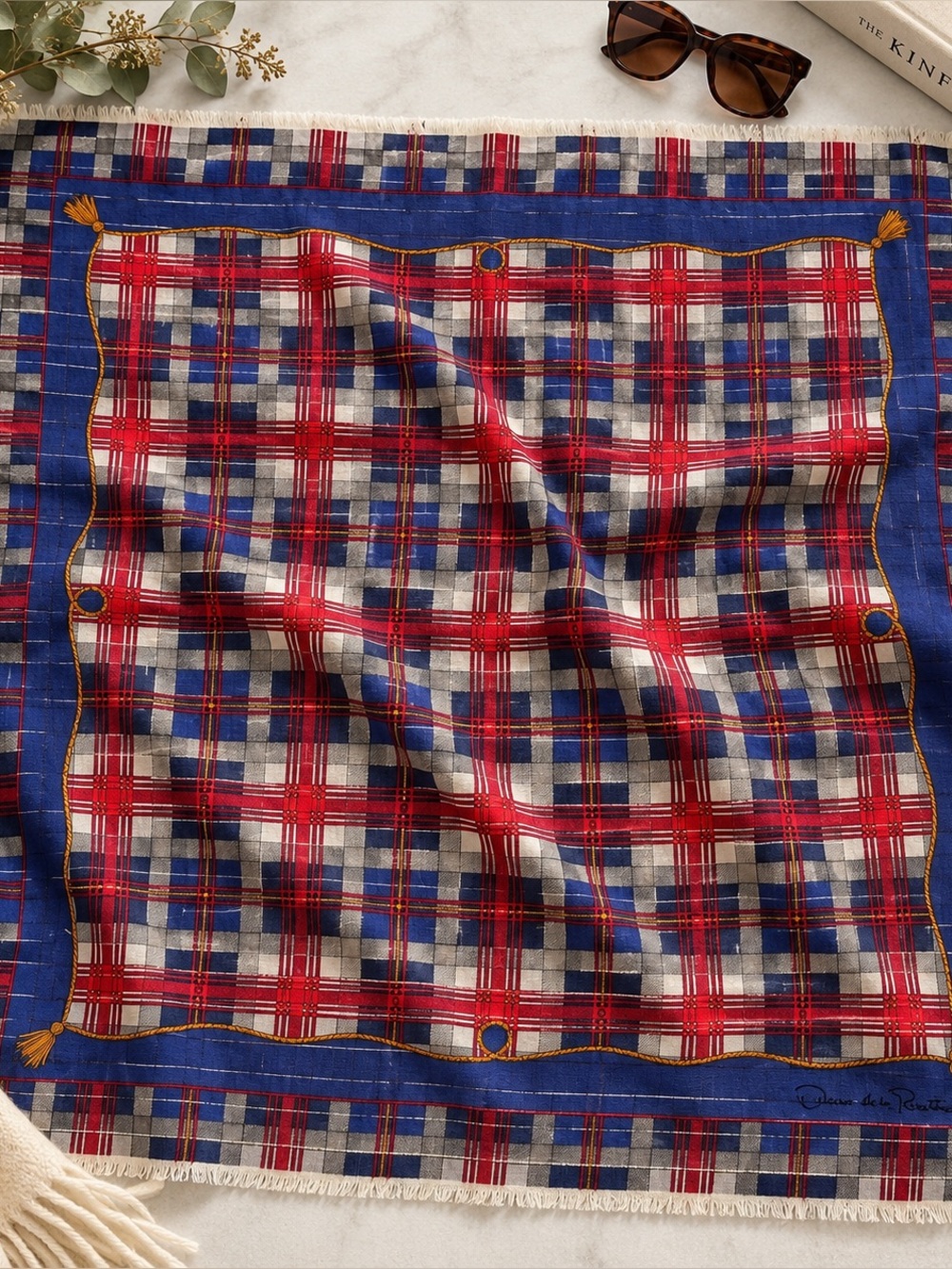 Vintage 80s Oscar de la Renta Wool Metallic Tartan Equestrian Scarf